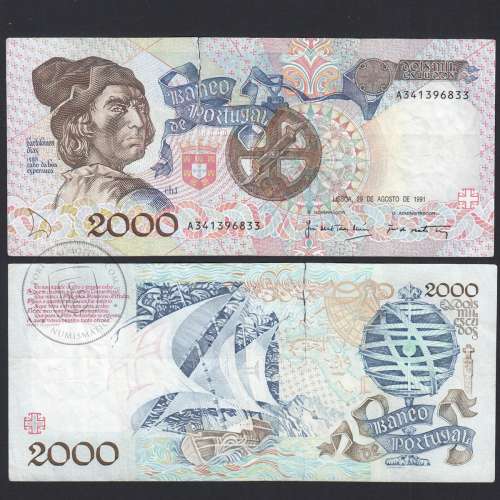 Banknote 2000 Escudos 29-8-1991 Bartolomeu Dias, A34, Plate: 1, Bank of Portugal, World Paper Money Pick 186, (torn)