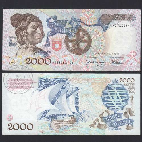 Banknote 2000 Escudos 29-8-1991 Bartolomeu Dias, A37, Plate: 1, Bank of Portugal, World Paper Money Pick 186, (Circulated)