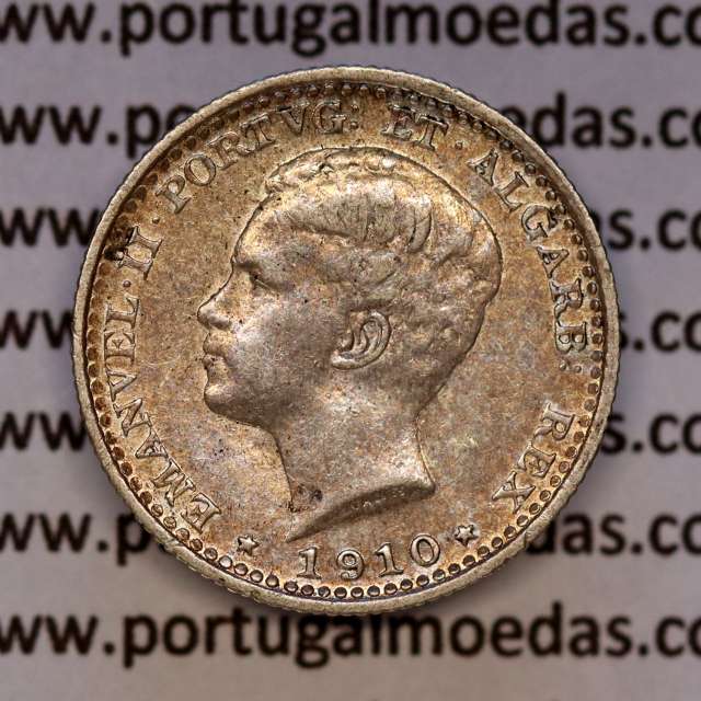 100 réis 1910 prata D. Manuel II, tostão prata 1910, (MBC+), World Coins Portugal KM 548