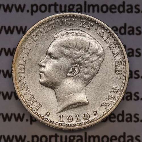 100 réis 1910 prata D. Manuel II, tostão prata 1910, (MBC), World Coins Portugal KM 548