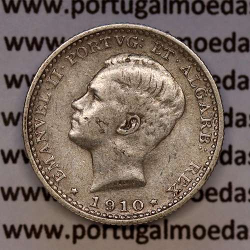 100 réis 1910 prata D. Manuel II, tostão prata 1910, (MBC), World Coins Portugal KM 548