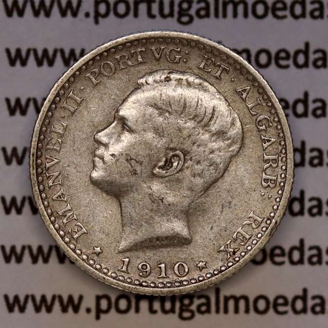 100 réis 1910 prata D. Manuel II, tostão prata 1910, (MBC), World Coins Portugal KM 548