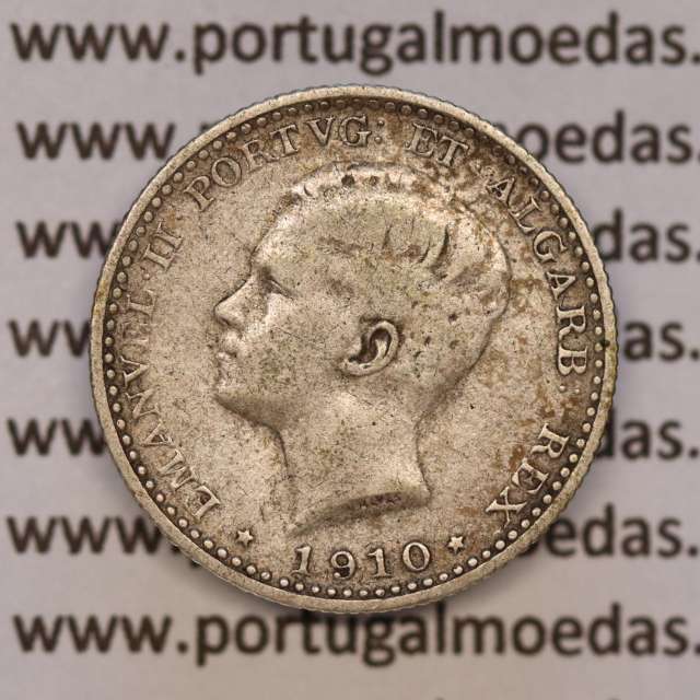 100 réis 1910 prata D. Manuel II, tostão prata 1910, (MBC), World Coins Portugal KM 548