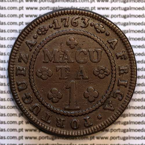 1 Macuta 1763 cobre D. José I, Angola, 5 pérolas no arco exterior coroa e 72 no circulo, "ET" unidos, World Coins Angola KM12