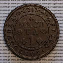 1 Macuta 1763 copper D. José I, Angola, 5 pearls on the outer arch crown and 72 on the circle, "ET" together, World Coins KM 12