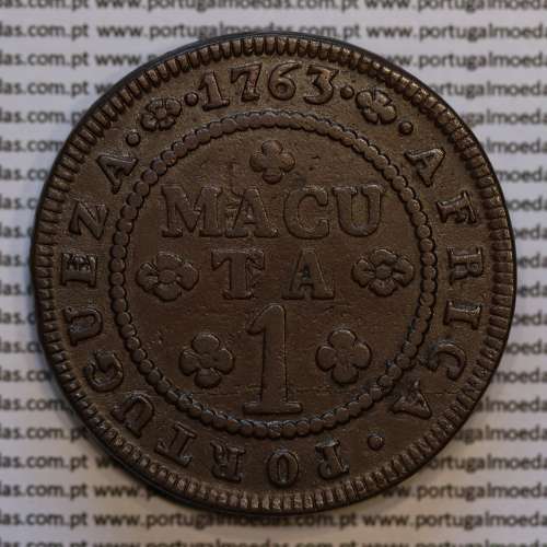 1 Macuta 1763 copper D. José I, Angola, 5 pearls on the outer arch crown and 72 on the circle, "ET" together, World Coins KM 12