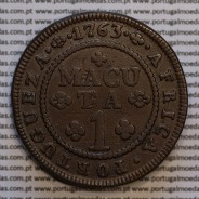 1 Macuta 1763 cobre D. José I, Angola, 5 pérolas no arco exterior coroa e 72 no circulo, "ET" unidos, World Coins Angola KM12