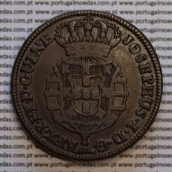 1 Macuta 1763 copper D. José I, Angola, 5 pearls on the outer arch crown and 72 on the circle, "ET" together, World Coins KM 12