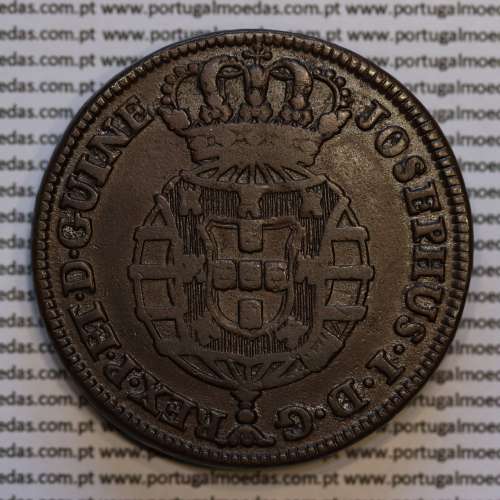 1 Macuta 1763 copper D. José I, Angola, 5 pearls on the outer arch crown and 72 on the circle, "ET" together, World Coins KM 12