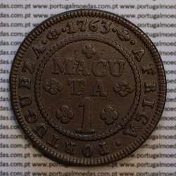 1 Macuta 1763 copper D. José I, Angola, 5 pearls on the outer arch crown and 72 on the circle, "ET" together, World Coins KM 12