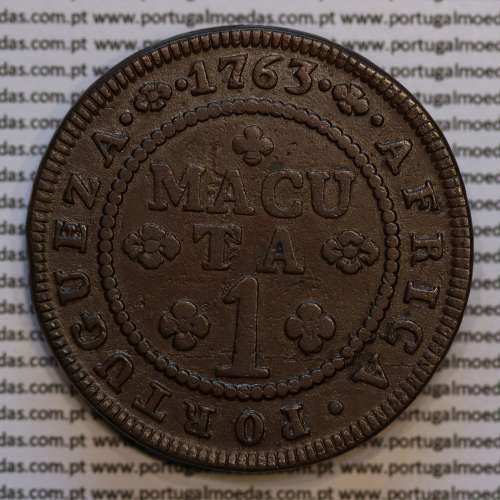 1 Macuta 1763 copper D. José I, Angola, 5 pearls on the outer arch crown and 72 on the circle, "ET" together, World Coins KM 12