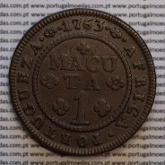 1 Macuta 1763 cobre D. José I, Angola, 5 pérolas no arco exterior coroa e 72 no circulo, "ET" unidos, World Coins Angola KM12