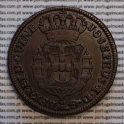 1 Macuta 1763 copper D. José I, Angola, 5 pearls on the outer arch crown and 72 on the circle, "ET" together, World Coins KM 12