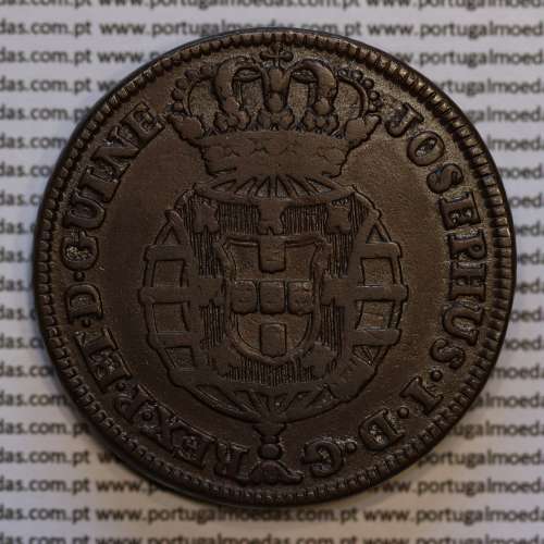1 Macuta 1763 copper D. José I, Angola, 5 pearls on the outer arch crown and 72 on the circle, "ET" together, World Coins KM 12