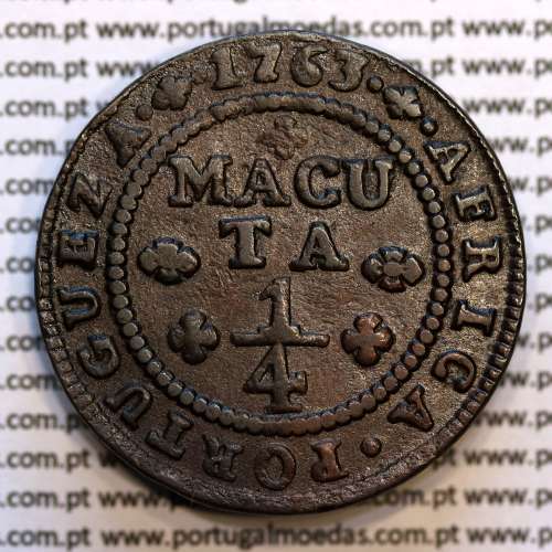 1/4 Macuta 1763 cobre D. José I, Angola, Cruz simples na Coroa, 71 Pérolas no circulo, "ET" unidos, World Coins Angola KM 10