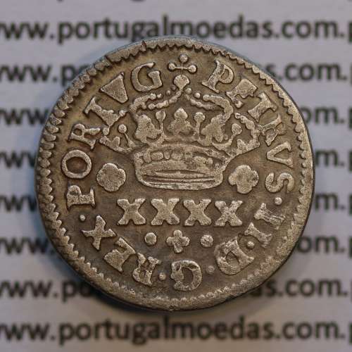 Meio Tostão Prata D. Pedro II, Porto, Bordo liso, Diadema coroa tipo 22, interior diadema com três linhas, World Coins KM 137