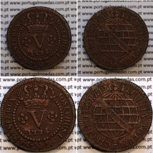 coin copper 5 Réis 1774 D. José I, Brazil Former Portuguese Colony, PECUNIA (39 pearls), World Coins Brazil KM 173.3