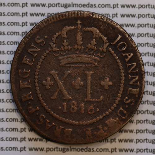40 Réis copper 1816 D. João Prince Regent (Brazil), "B" Bahia, Crown without peduncles, circle 58 Pearls, World Coins KM 234.