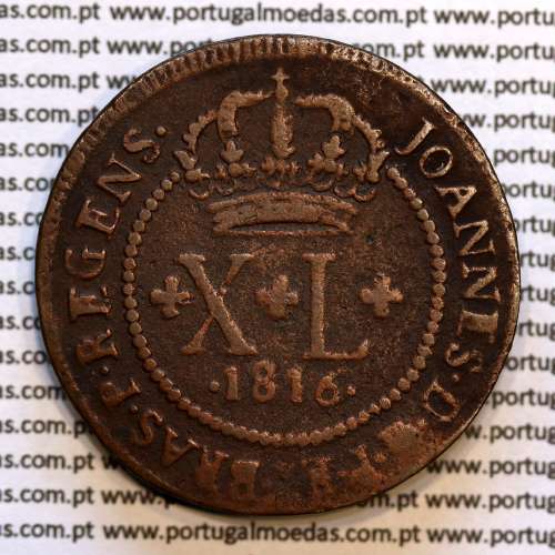 40 Réis copper 1816 D. João Prince Regent (Brazil), "B" Bahia, Crown without peduncles, circle 58 Pearls, World Coins KM 234.
