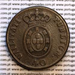 coin of 40 Réis bronze 1827 of King D. Pedro IV of Portugal, Date between points, Irradiated Cross, World Coins Portugal KM 373