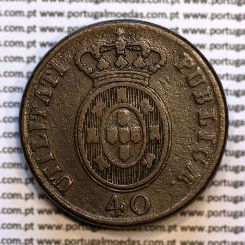 40 Réis 1827 Bronze de D. Pedro IV, Pataco 1827, Data entre pontos, Coroa baixa, Cruz Irradiada, World Coins Portugal KM 373