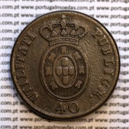 40 Réis 1827 Bronze de D. Pedro IV, Pataco 1827, Data entre pontos, Coroa baixa, Cruz Irradiada, World Coins Portugal KM 373