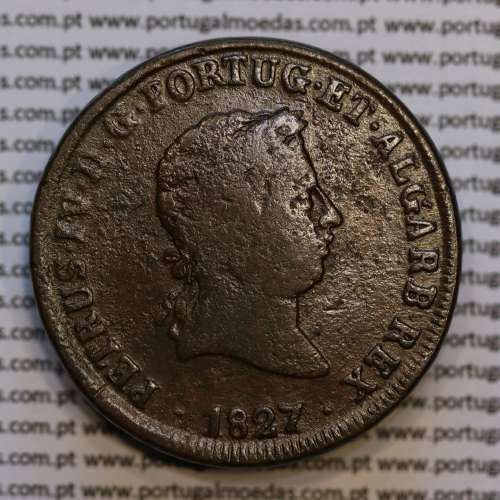 coin of 40 Réis bronze 1827 of King D. Pedro IV of Portugal, Date between points, Irradiated Cross, World Coins Portugal KM 373
