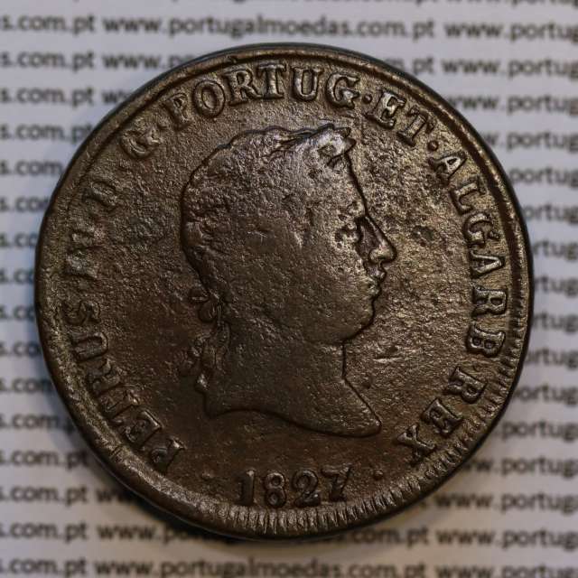 40 Réis 1827 Bronze de D. Pedro IV, Pataco 1827, Data entre pontos, Coroa baixa, Cruz Irradiada, World Coins Portugal KM 373