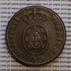 coin of 40 Réis bronze 1827 of King D. Pedro IV of Portugal, Date between points, Irradiated Cross, World Coins Portugal KM 373