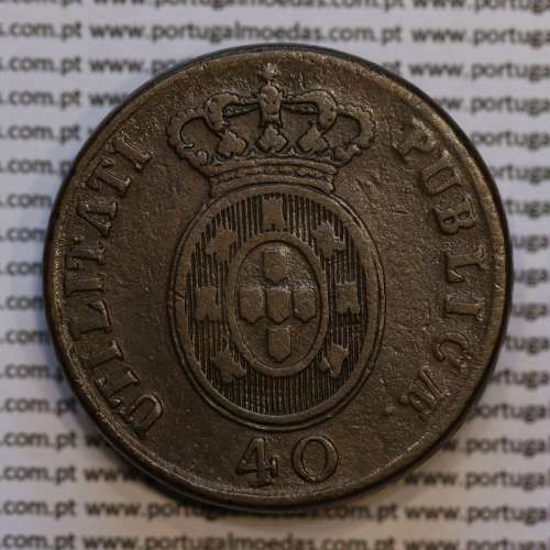 coin of 40 Réis bronze 1827 of King D. Pedro IV of Portugal, Date between points, Irradiated Cross, World Coins Portugal KM 373