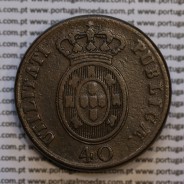 40 Réis 1827 Bronze de D. Pedro IV, Pataco 1827, Data entre pontos, Coroa baixa, Cruz Irradiada, World Coins Portugal KM 373