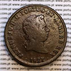 40 Réis 1827 Bronze de D. Pedro IV, Pataco 1827, Data entre pontos, Coroa baixa, Cruz Irradiada, World Coins Portugal KM 373
