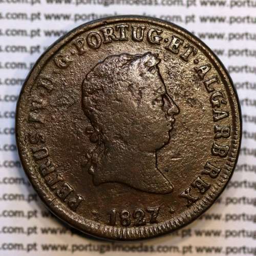 coin of 40 Réis bronze 1827 of King D. Pedro IV of Portugal, Date between points, Irradiated Cross, World Coins Portugal KM 373