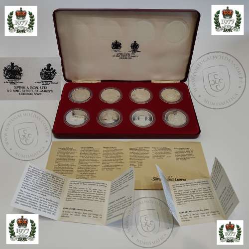 8 moedas prata Proof 1977, 1º Jubileu Rainha Elizabeth II, 8 diferentes ilhas Britânicas, Estojo Certificados Spink & Son, Ltd,