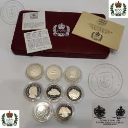 8 moedas prata Proof 1977, 1º Jubileu Rainha Elizabeth II, 8 diferentes ilhas Britânicas, Estojo Certificados Spink & Son, Ltd,