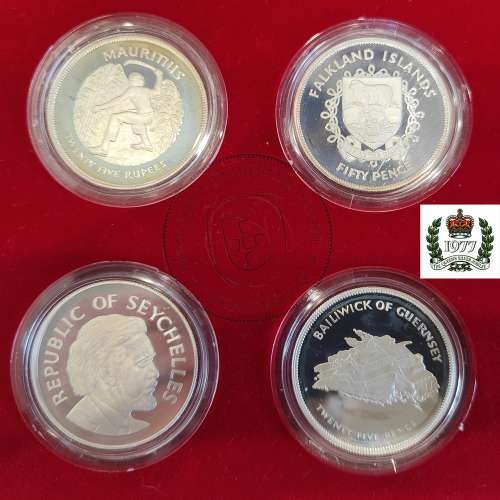 8 moedas prata Proof 1977, 1º Jubileu Rainha Elizabeth II, 8 diferentes ilhas Britânicas, Estojo Certificados Spink & Son, Ltd,
