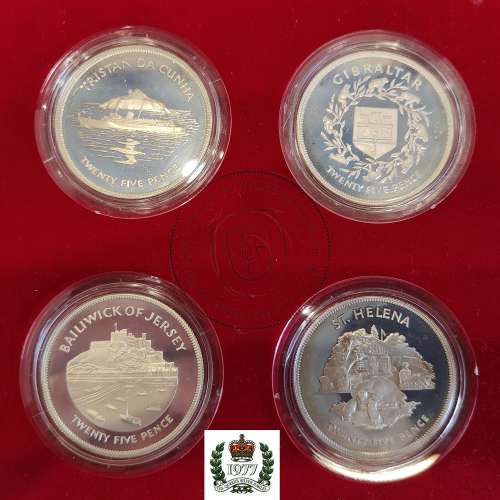 Rare Set 8 Proof Silver Coins 1977, 1st Queen Elizabeth II Jubilee, 8 different British Isles, Spink & Son Certified Case, Ltd,