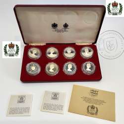 8 moedas prata Proof 1977, 1º Jubileu Rainha Elizabeth II, 8 diferentes ilhas Britânicas, Estojo Certificados Spink & Son, Ltd,