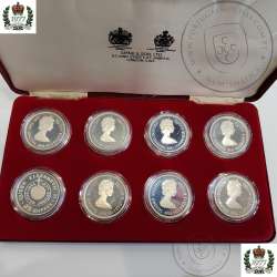 8 moedas prata Proof 1977, 1º Jubileu Rainha Elizabeth II, 8 diferentes ilhas Britânicas, Estojo Certificados Spink & Son, Ltd,