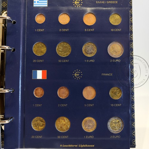 Coleção com 12 séries das primeiras moedas de Euro dos primeiros 12 Países da zona euro,(FDC/UNC) , arquivadas em folhas e álbum