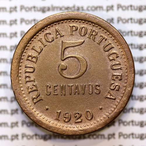 5 centavos 1920 Bronze, $05 centavos 1920 Republica Portuguesa, (MBC+), World Coins Portugal KM 569