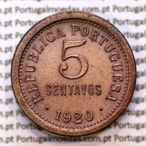 5 centavos 1920 Bronze, $05 centavos 1920 Republica Portuguesa, (MBC+/Bela-), World Coins Portugal KM 569