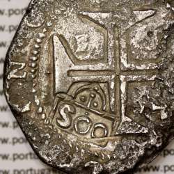 Carimbo de 500 Réis de D. Afonso VI, sobre Cruzado Prata Évora de D. João IV, carimbo "S00" (variante muito escassa sobre Évora) Carimbo de 500 Réis de D. Afonso VI, sobre Cruzado Prata Évora de D. João IV, carimbo "S00" (variante muito escassa sobre Évora)