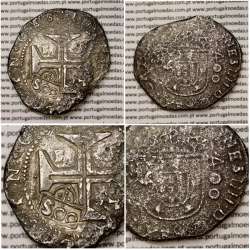 Carimbo de 500 Réis de D. Afonso VI, sobre Cruzado Prata Évora de D. João IV, carimbo "S00" (variante muito escassa sobre Évora) Carimbo de 500 Réis de D. Afonso VI, sobre Cruzado Prata Évora de D. João IV, carimbo "S00" (variante muito escassa sobre Évora)