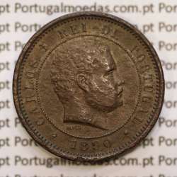 Portugal, 5 réis 1890 bronze coin of King Carlos I, (F), World Coins Portugal KM 530.