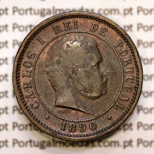 Portugal, 5 réis 1890 bronze coin of King Carlos I, (F), World Coins Portugal KM 530