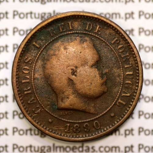 Portugal, 5 réis 1890 bronze coin of King Carlos I, (F), World Coins Portugal KM 530