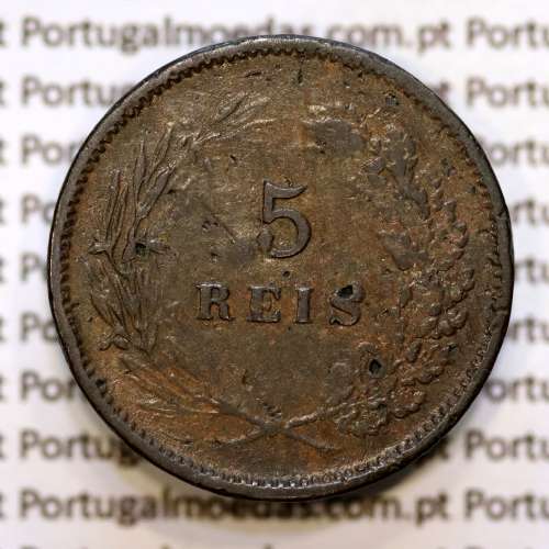 Portugal, 5 réis 1890 bronze coin of King Carlos I, (F), World Coins Portugal KM 530