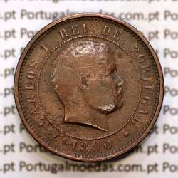 Portugal, 5 réis 1890 bronze coin of King Carlos I, (F), World Coins Portugal KM 530