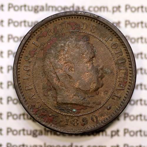 Portugal, 5 réis 1890 bronze coin of King Carlos I, (F-), World Coins Portugal KM 530